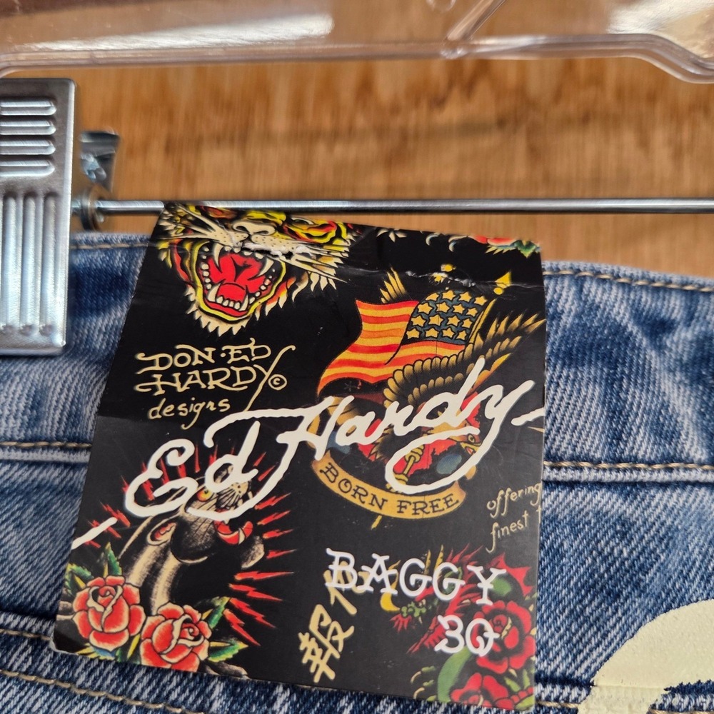 Ed Hardy Y2K NWT Tiger Koi Dragon Heart Wide Leg Baggy Jeans Retail $199 Size 30 - Picture 8 of 10
